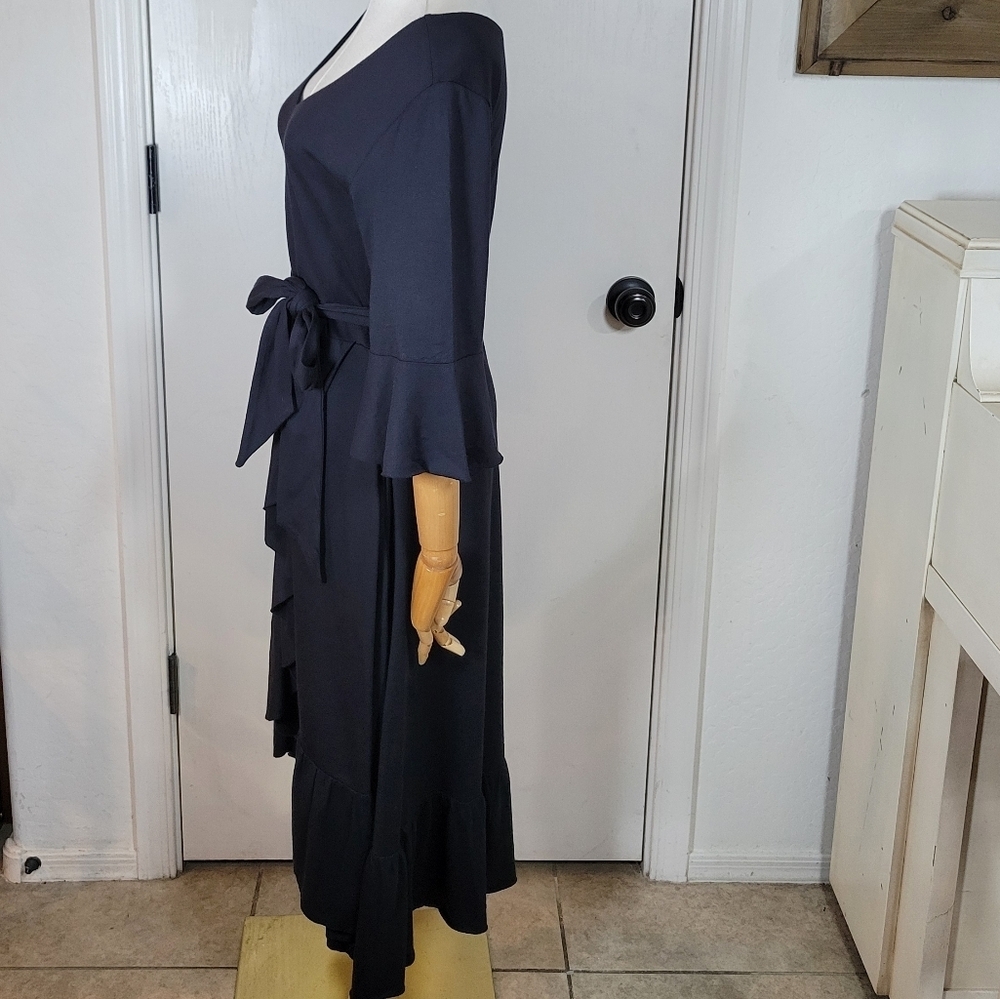 Soft Surroundings Black V-Neck Tie Waist Ruffle Hem Midi Dress XSP - Picture 5 of 11